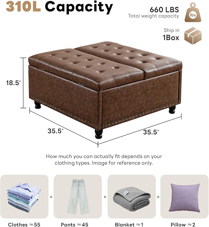 Tbfit Large Square Storage Ottoman Bench, Tufted Upholstered Coffee Table - Image 2