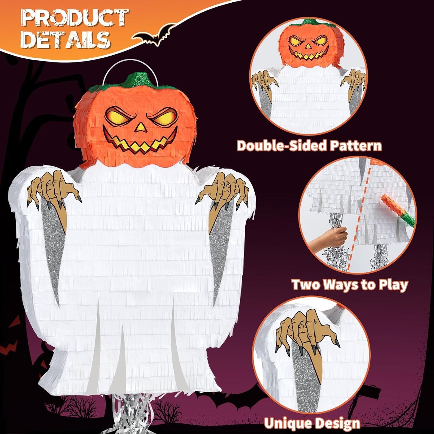 WERNNSAI Halloween Ghost Pinata - Halloween Party Decorations Hallow-een Pumpkin Party Games for Kids Trick or Treat Theme Party Haunted House Jack O Lantern Decorations with Bat Blindfold