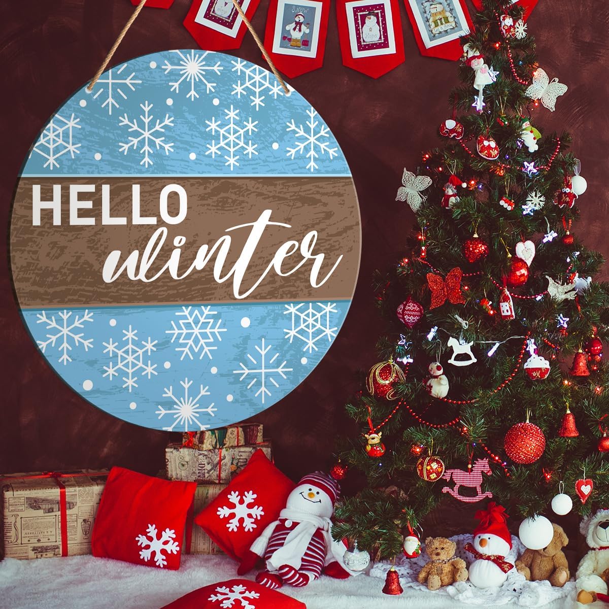 Muktoujaumai Hello Winter Sign Front Door Decor, Christmas Round Hanging Sign Decor Farmhouse Snowflake Xmas Holiday Wall Decorations Winter Wood Sign for Door, Porch, Home