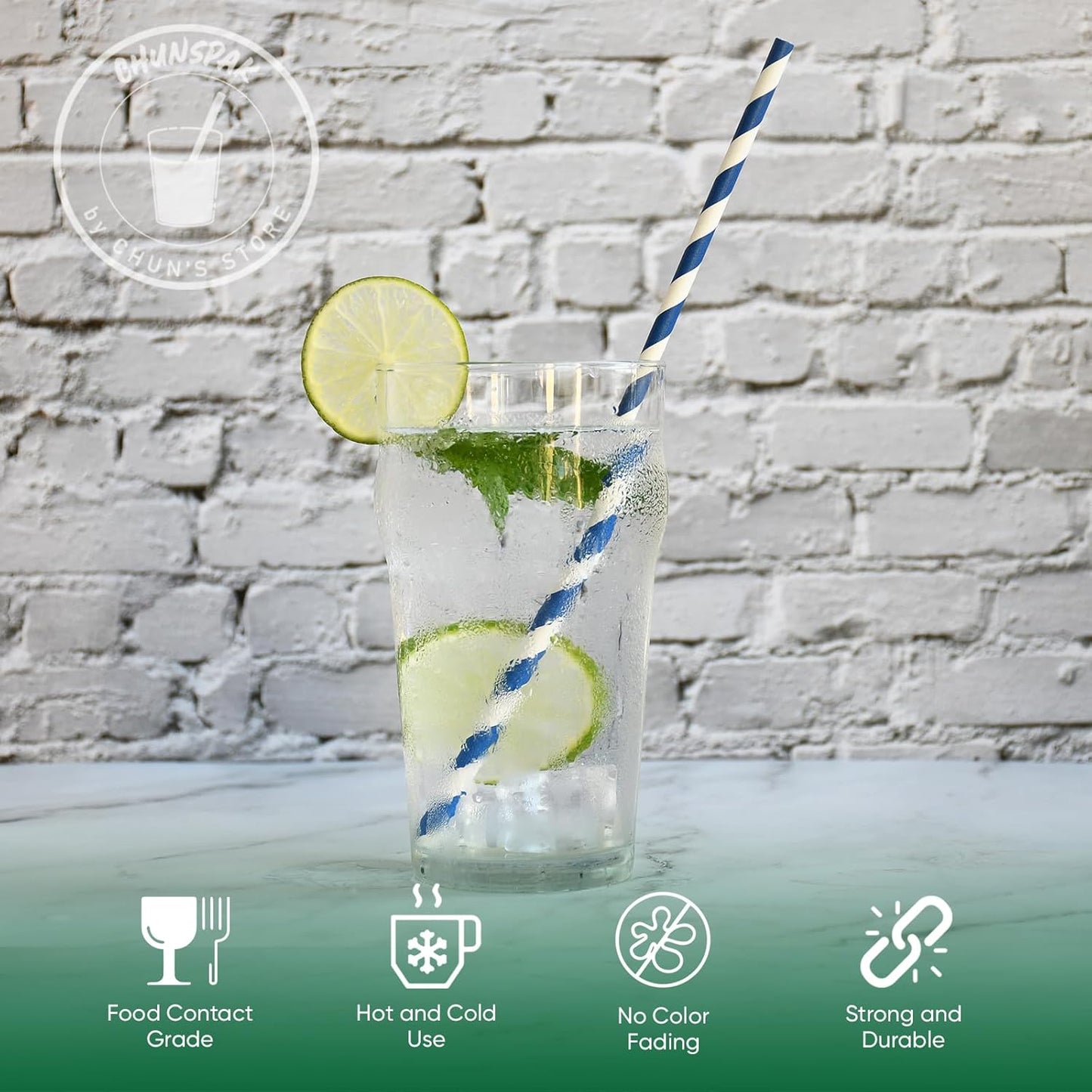 10 Inch Long Disposable Drinking Straws Paper - Navy Blue Striped, 100 Counts - 100% Biodegradable