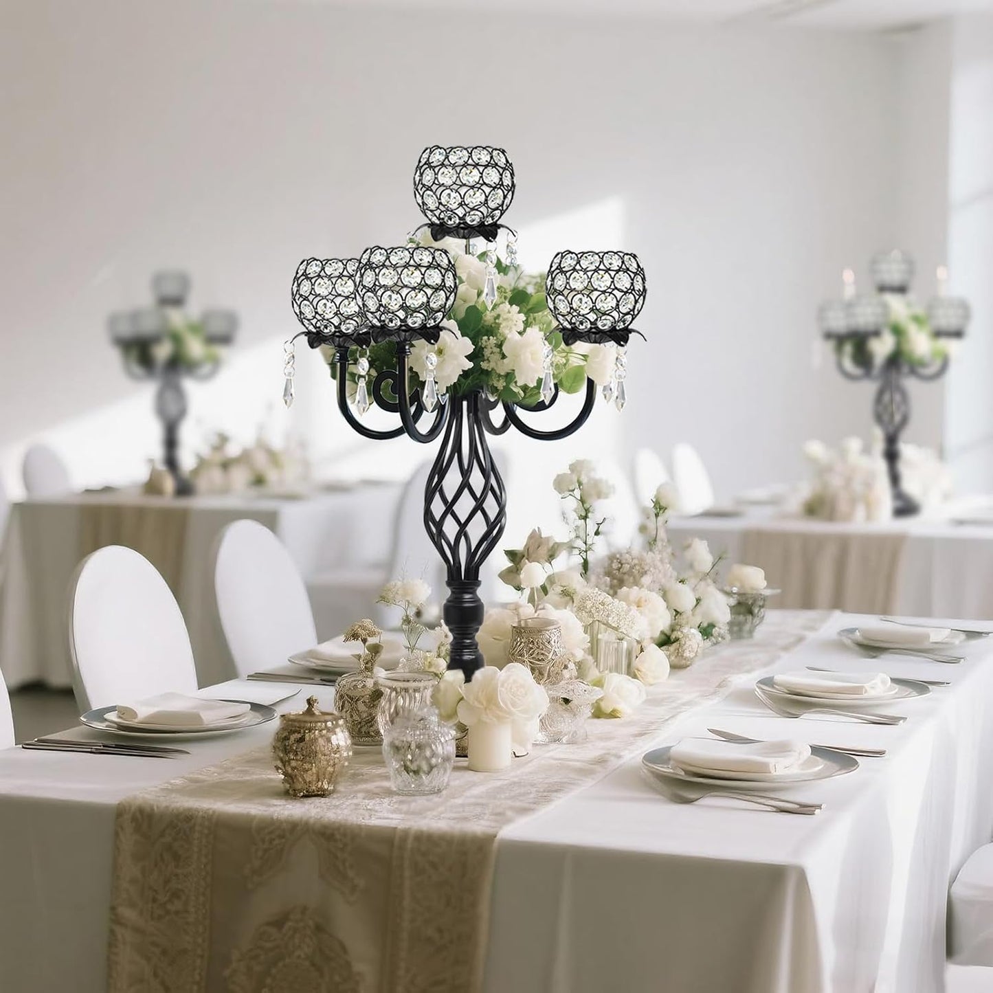 5-Arm Crystal Candelabra Centerpiece 23.2" Tall - Elegant Candle Holder Stand with Crystal Bowl, Chic Table Decor for Weddings, Parties, Anniversary & Home Decoration (2, Black)