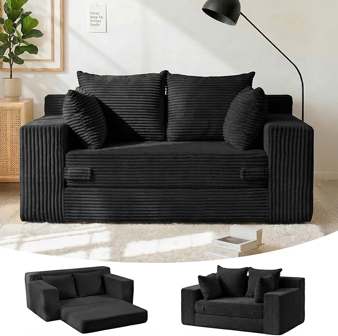 55" Small Boneless Couch, 3-in-1 Boneless Loveseat Sleeper Sofa Bed Convertible by Winzoo