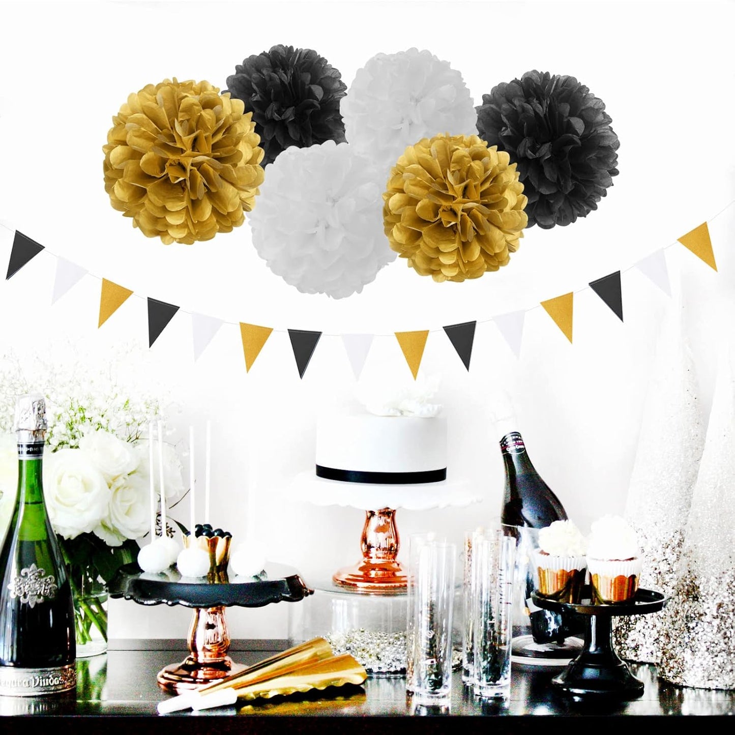 Black Gold Graduation Party Decorations - 23pcs Kits Farewell Tissue Pom Poms Flowers,Streamers Banner,Tassel Garland 50th Men Birthday Bachelorette Baby Shower Decoration Bunting Lasting Surprise