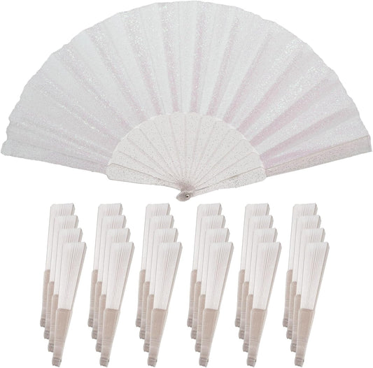 24 Pack Handheld Fan,Folding Hand Glitter fan with Shining Transparent Fan Rib – Ideal for Wedding, Church, Festival, Dance, Tea Party, Club, and EDM Accessories, White
