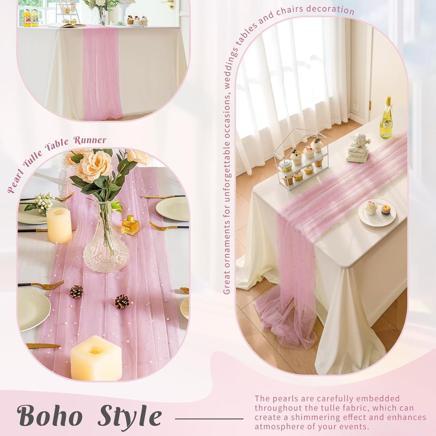 Pearl Table Runner 29 x 120 Inch Tulle Fabric Lace Table Runners Boho Rustic Tablecloth for Bridal Shower Birthday Party Wedding Arch Aisle Veil Dessert Table Decor(1 Pack, Pink)