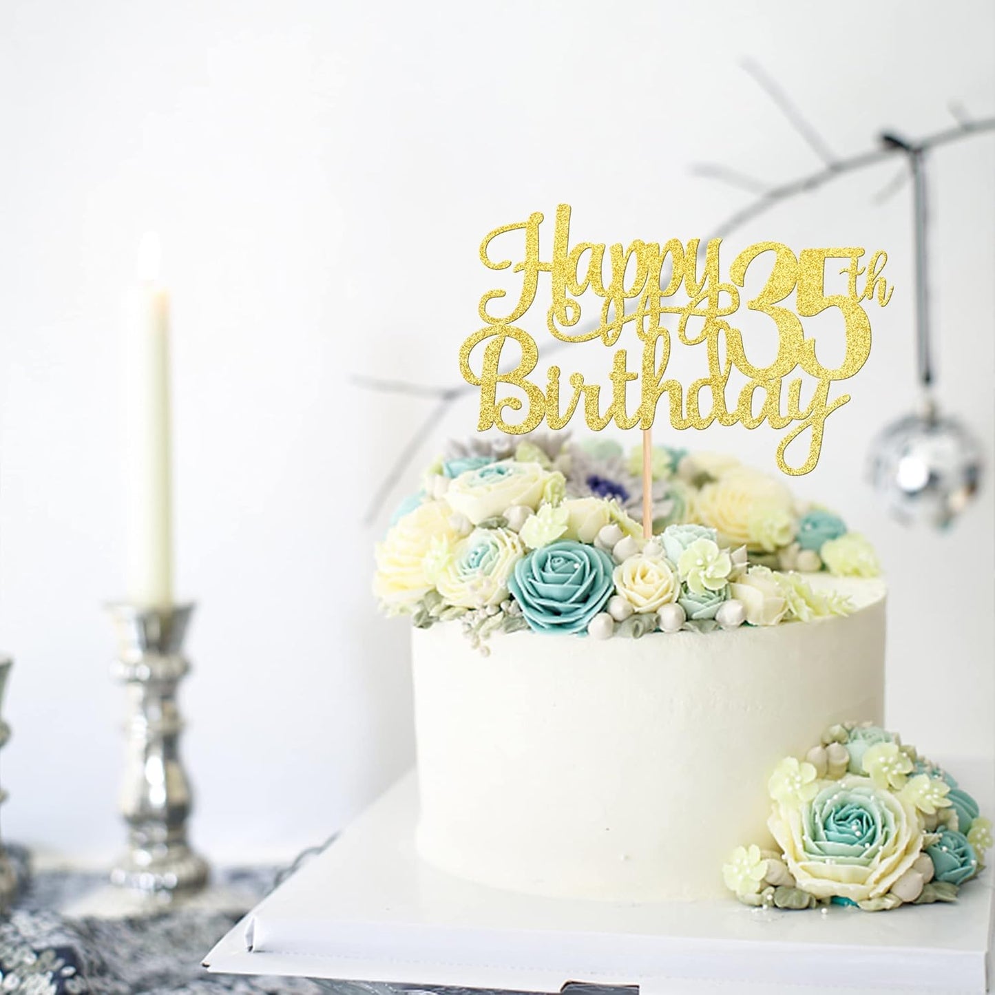 1 PCS Happy 35th Birthday Cake Topper Gold Glitter Cheers to 35 Years Birthday Cake Pick 35 Fabulous Cake Decoration for Happy 35th Birthday Theme Party Decorations Supplies