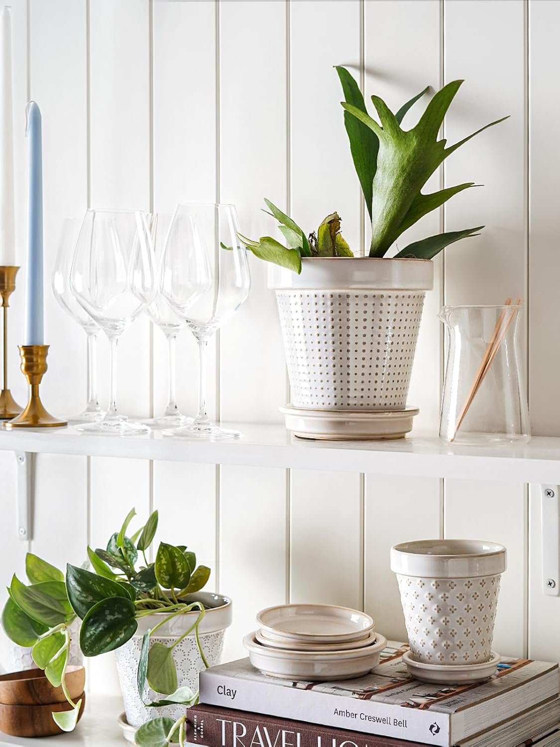 LE TAUCI Ceramic Plant Pots, 6 Inch Flower Pot with Drainage Hole & Saucer, Embossed Planter Pots for Indoor Plant Succulent, Orchid, Cactus, Home Decor - Set of 4, Arctic White