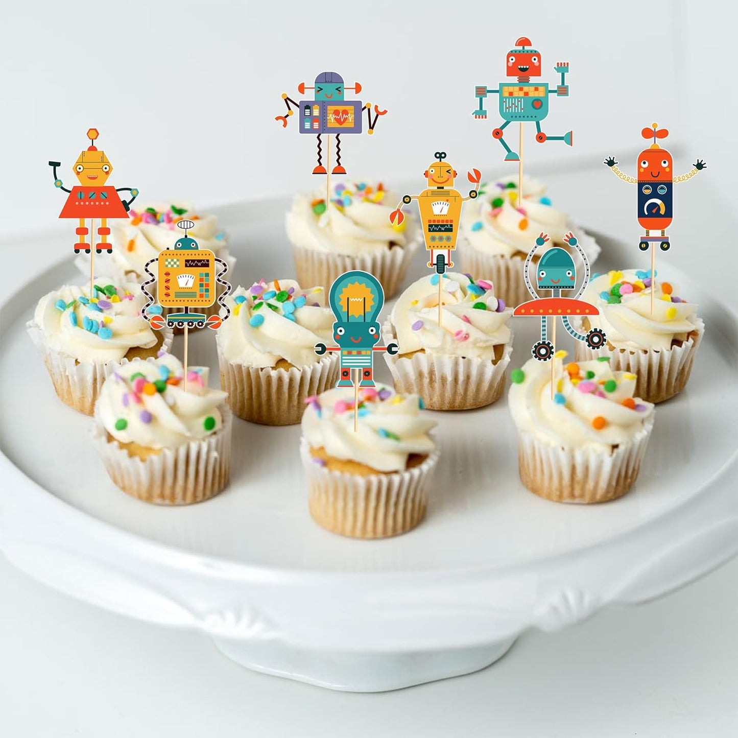 24pcs Robot Cupcake Toppers Robot Cake Decorations for Robot Birthday Party Decorations Birthday for Boys Gear Robot Baby Shower Supplies