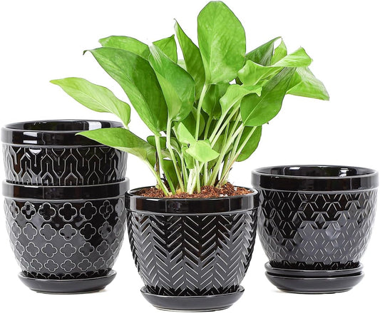 Sureasy Ceramic Indoor Plant Pots - 5.6 Inch Flower Pots for Plants with Drainage Hole and Saucer, Embossed Planter for Succulents, Orchid, Cactus, Indoor Home Decor, Set of 4, Black