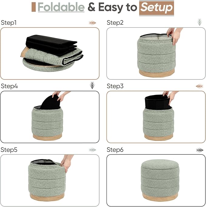 Round Storage Ottoman with Reversible Tray Lid, Folding Chenille Fabric - Image 7
