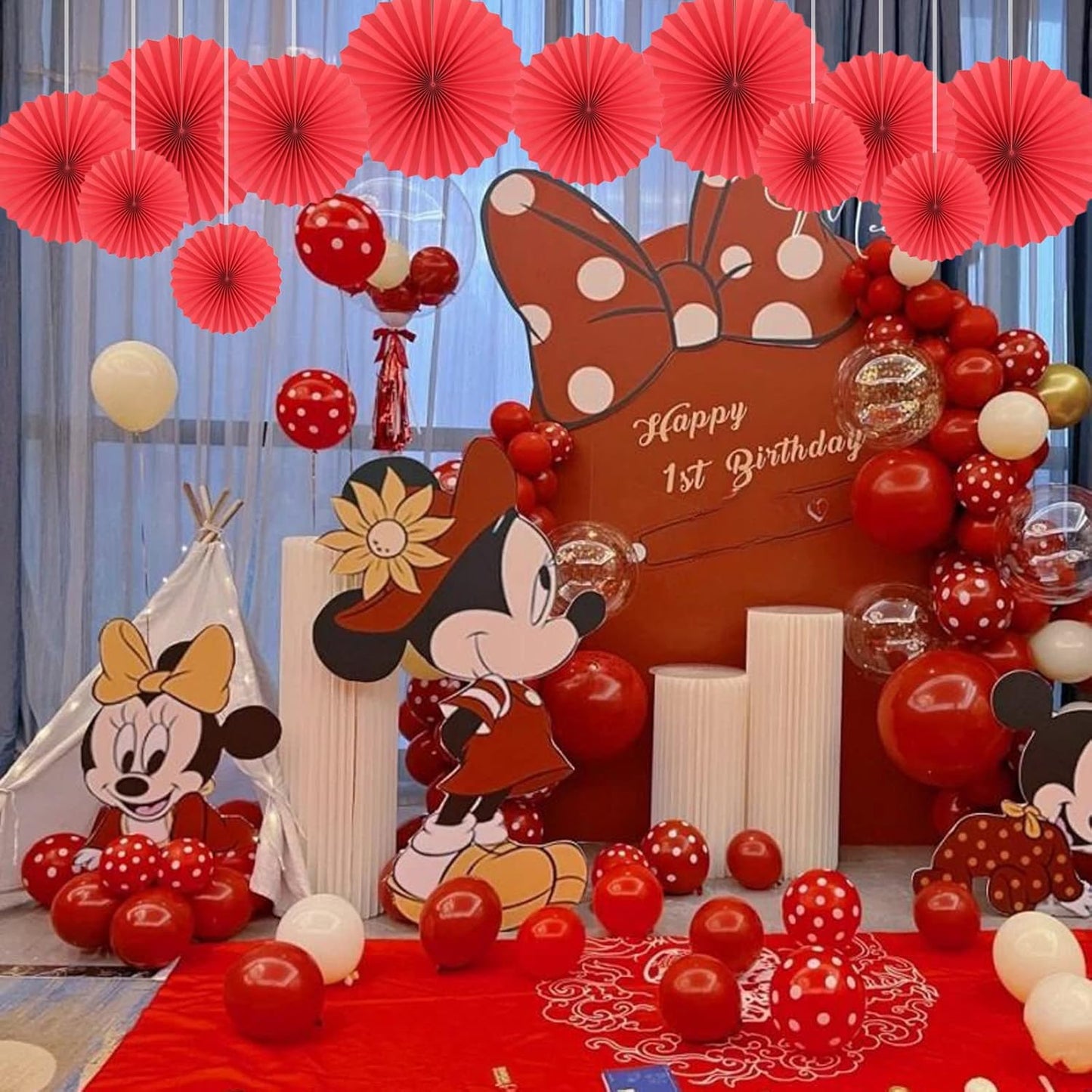 HQZ Red Party Hanging Fans DIY Set - 12pcs Pinwheels & Flowers for Weddings, Birthdays, Christmas; Hanging Fan Decorations