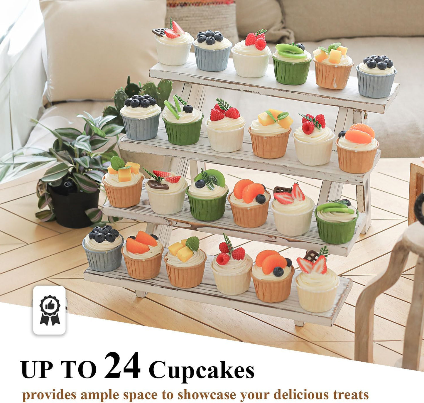 SwallowLiving Wooden Rustic Cupcake Stand for 24 Cupcakes, Stepped Wood Display Stand for Weddings, Tiered Party Table Display Riser for Food , Dessert, Cookie, Decor, Craft Show, White