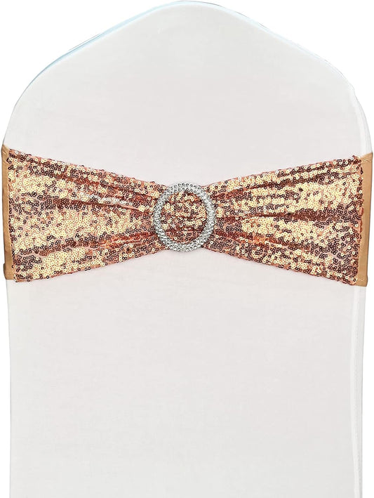 100 Pcs Chair Sashes Sequin Stretch Chair Bands Spandex Polyester Bows for Party Hotel Wedding Banquets Decoration - Rose Gold