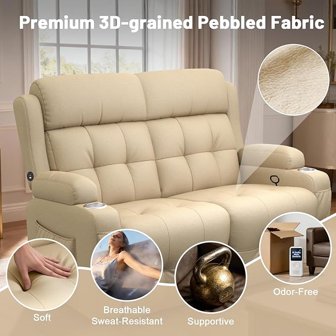 Reclining Loveseat with Pebble Texture Fabric, Loveseat Recliner with USB/Type - Image 5
