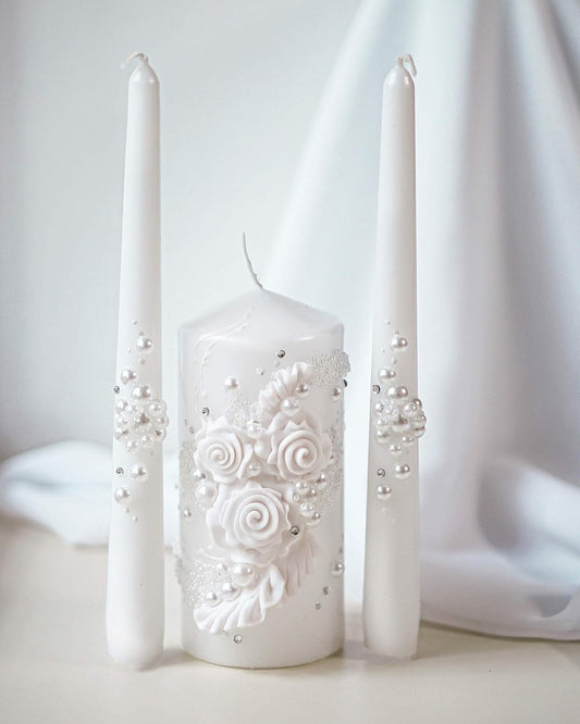 Unity Candle Set - Wedding Ceremony & Reception – 6” Pillar & Two 10” Taper Candles – Long Burning Unity Candles for Marriage Ritual – Handmade in USA – White|Florals|Classic
