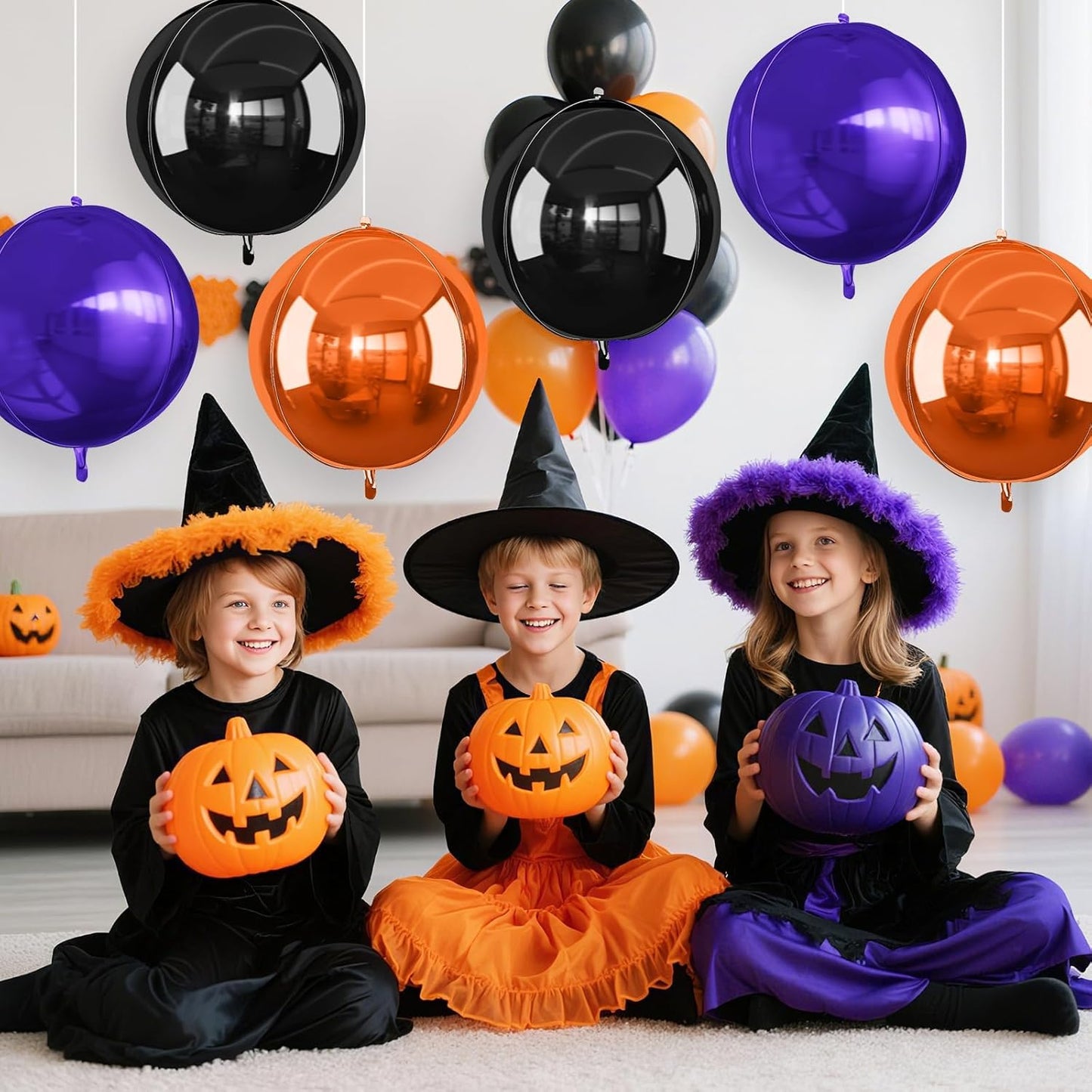 Black Orange Purple Halloween Foil Balloons, 6Pcs 4D Large Metallic Helium Balloon, 22Inch Big Round Foil Balloon for Kids Halloween Birthday Graduation Wedding Baby Shower Disco Backdrop Supplies