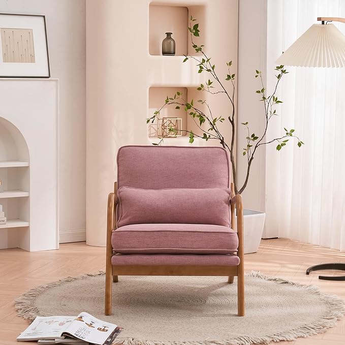 Bonnlo Linen Pink Mid Century Modern Accent Chair, Soild Wood Padding Lounge - Image 5