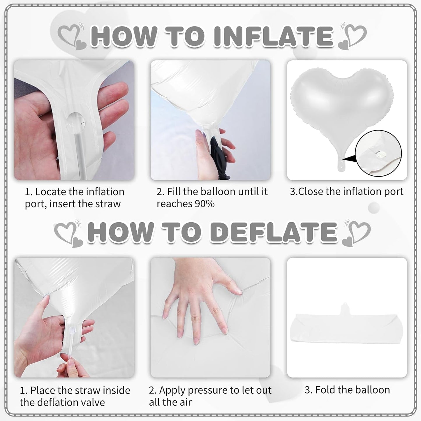 24 Inch White Heart Balloons, Heart Shaped Foil Balloons, White Wedding Helium Balloon for Valentines Day Bridal Shower Anniversary Wedding Birthday Party Decorations