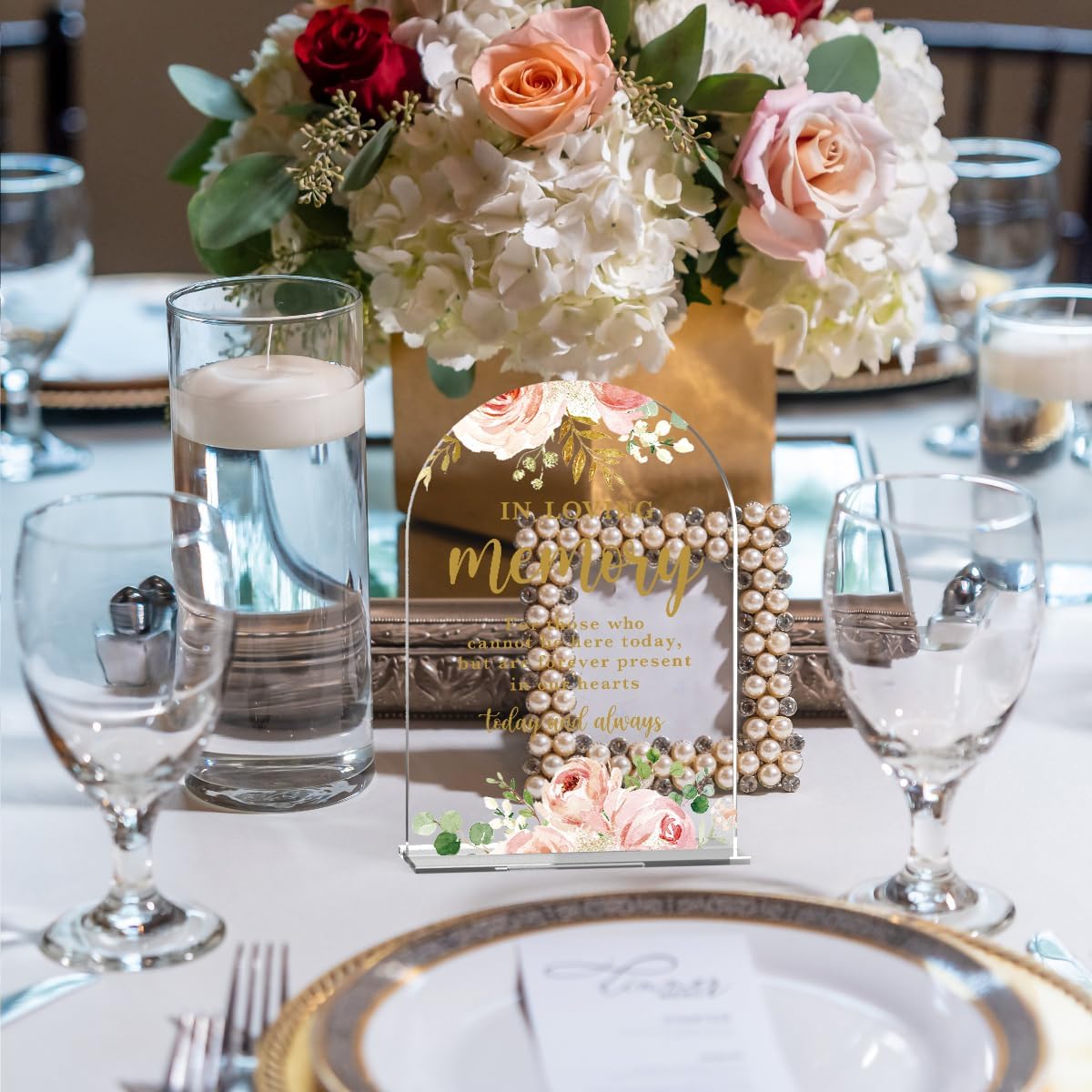 Acrylic Wedding Signs, Bridal Shower Decorations, In Loving Memory Sign for Reception, Modern Calligraphy Arch Acrylic Table Top Sign for Wedding Reception and Engagement Parties (Clear Pink Flowers)