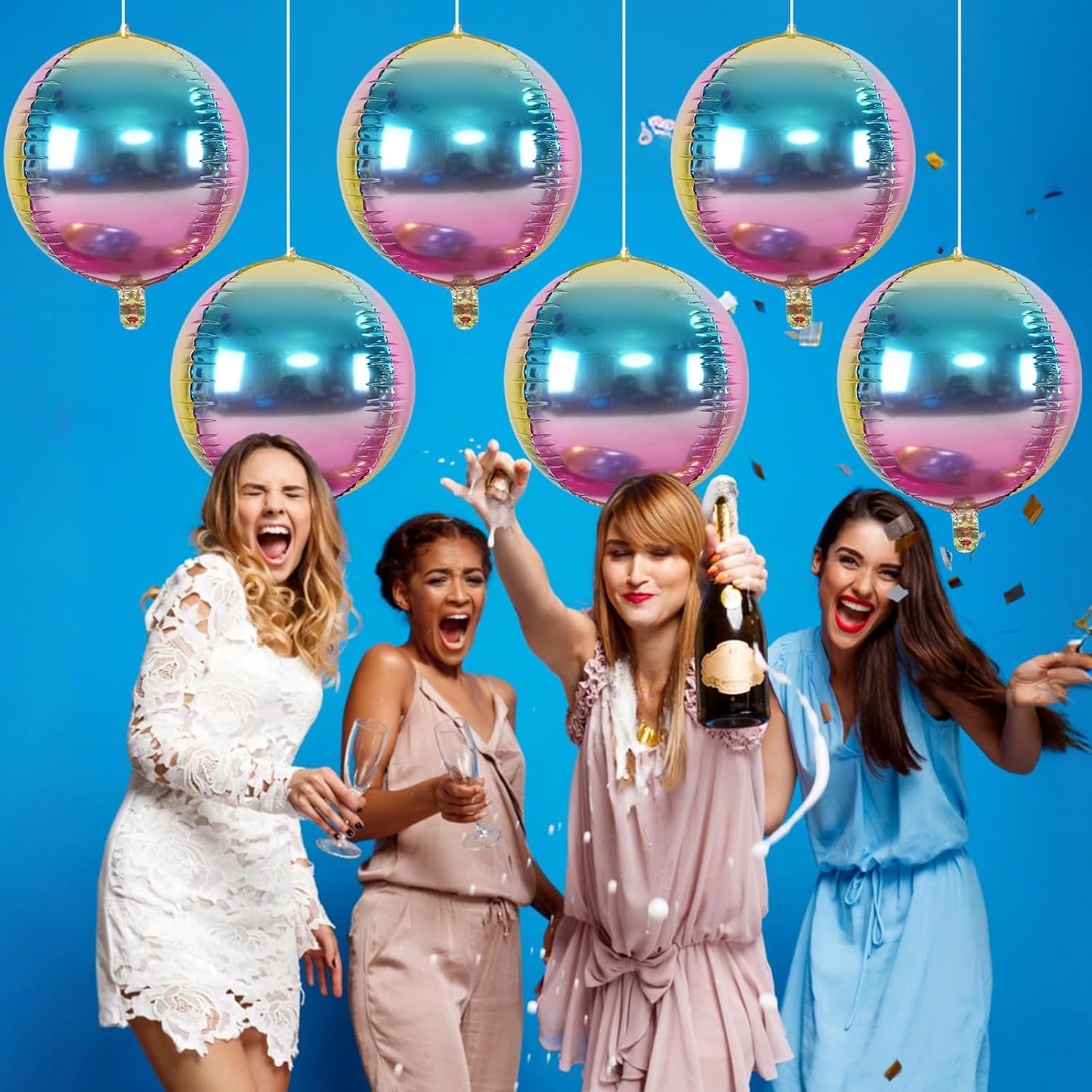 6Pcs Gradient Rainbow Round Foil Balloons,Giant 4D Round Ball Balloon 22 Inch for Wedding Birthday Engagement Gradient Party