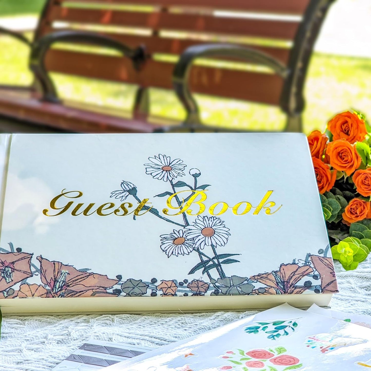 Guest Book for Wedding Reception, Party, Birthday, Polaroid GuestBook Retro Elegant Daisy Guest Sign In Book, Anniversary Sign Book Alternatives, 200 Blank Pages(100 sheets), 8.7"x5.9"