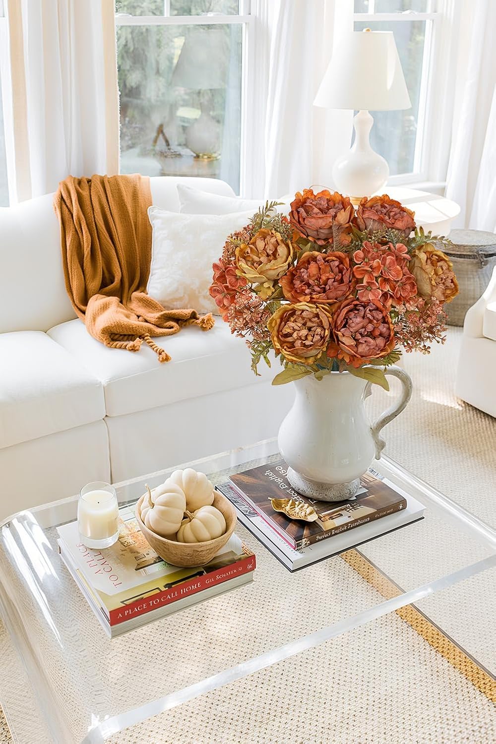 Hollyone 2Pcs Artificial Fall Flowers Bouquet 18.8" Burnt Orange Dried Peony Hydrangea Fake Fall Floral Silk Flowers Faux Flower Arrangement for Home Wedding Table Centerpiece Thanksgiving Party Decor