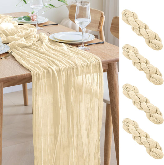 Asee'm 4pcs Cheesecloth Table Runner 120 Inches Long Beige Boho Gauze Cheese Cloth Runner 10FT Rustic Sheer Table Runners for Christmas Wedding Party Baby Shower Spring Easter Decoration