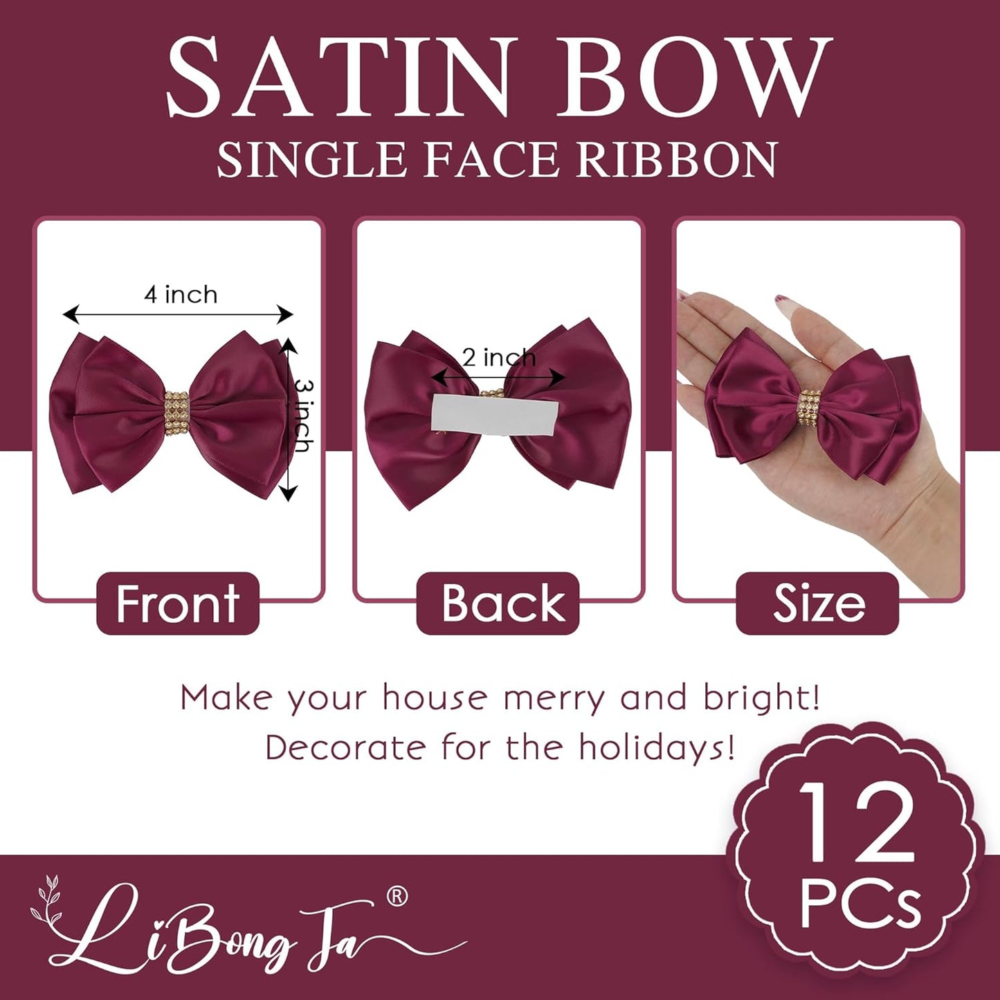 Dark Red Ribbon Bow 4'' Premade Satin Red Bows, Burgundy Gift Bows with Rhinestone, Wrapping Bows for Presents, Greeting Cards, Treat Bags, Valentines Bows for Gift Wrapping-12 Counts