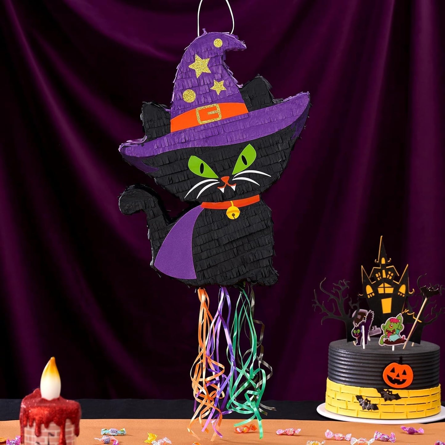 WERNNSAI Halloween Cat Pinata - Halloween Party Decorations Black Cat Pinata Witch Hat for Kids Hallows Eve Birthday Theme Party Games Supplieswith Stick & Blindfold