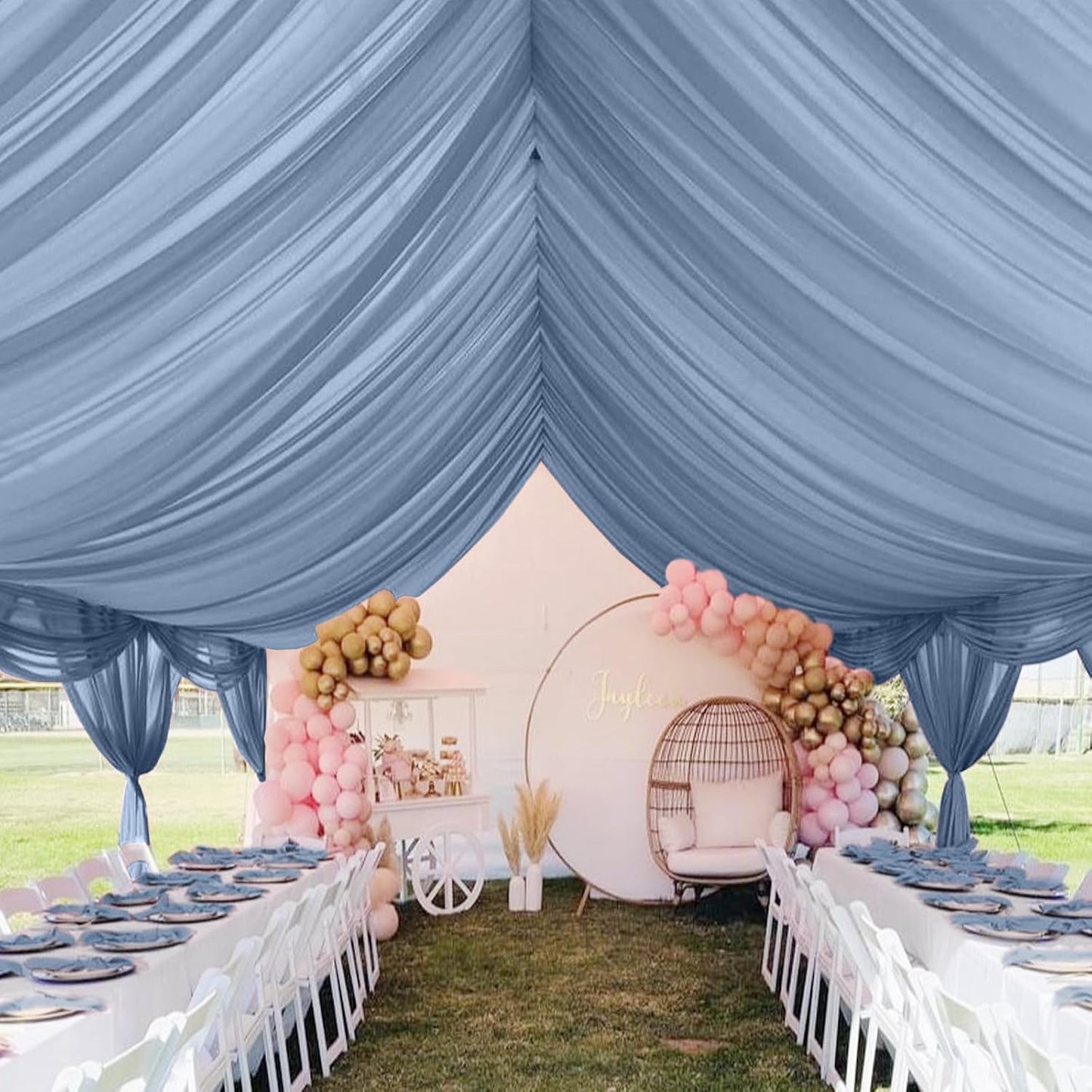 6 Panels Dusty Blue Ceiling Drapes for Wedding 5ftx30ft Chiffon Fabric Arch Draping Curtains Sheer Drapery for Party Ceremony Birthday Baby Shower Reception Stage Swag Ceiling Decorations