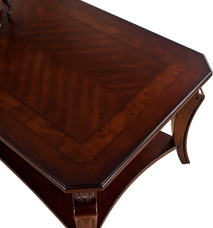 Traditional Coffee Table with Storage Shelf and Carved Leg, Farmhouse Living - Image 5
