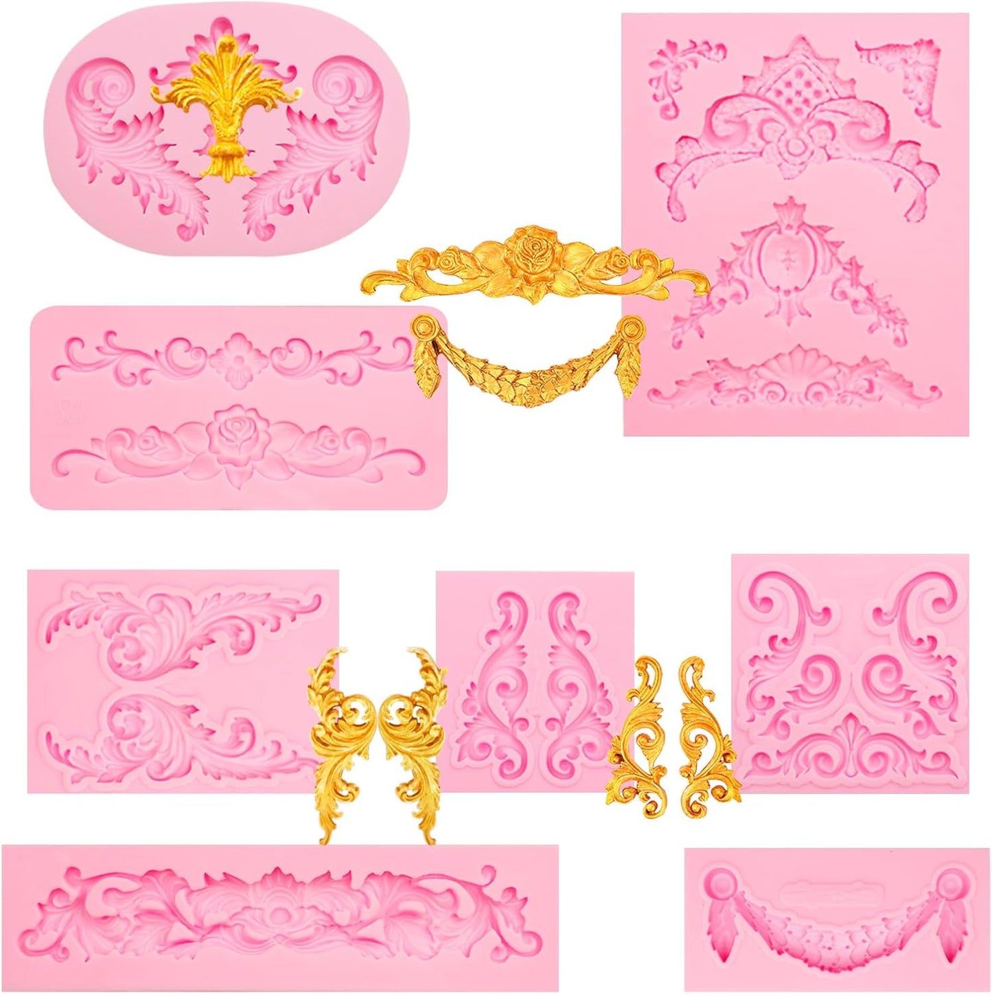 Baroque Scroll Silicone Fondant Molds, 8-Piece Decorative Border Cake Molds Set for Cupcake Topper Candy Gummy Clay DIY Crafts, Pink