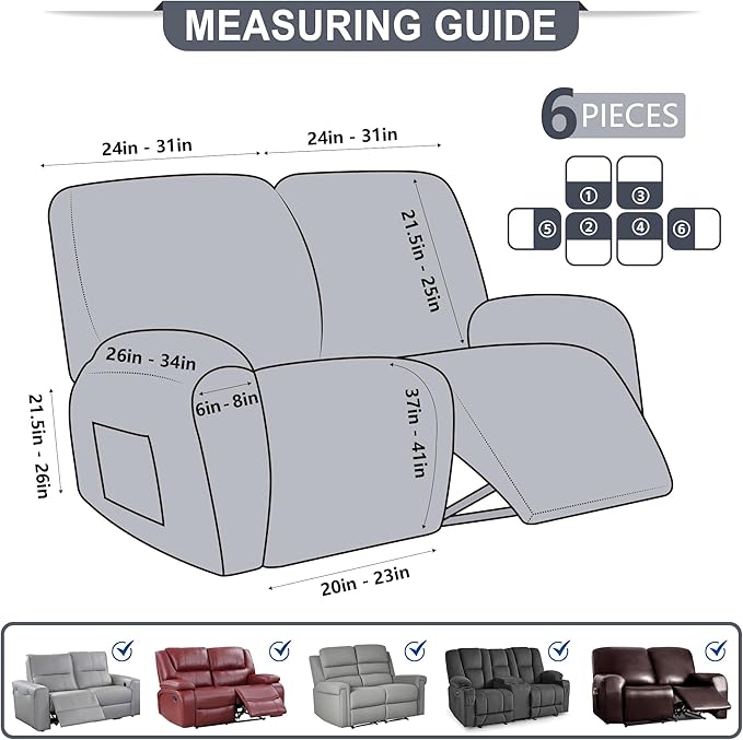 ANARACHON Leather Look Loveseat Recliner Cover, 6-Pieces Stretch Dual Recliner - Image 2