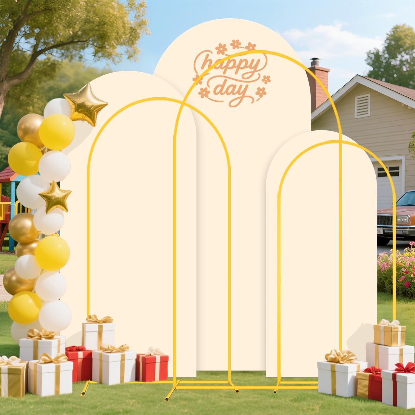 Party Arch Backdrop Stand and Cover Set of 3 (6FT, 5FT, 4FT) Metal Arch Frame Balloon Party Backdrop Arches Stand with Beige Arched Covers Stretchy Backdrops for Baby Shower Birthday Ceremony Decor