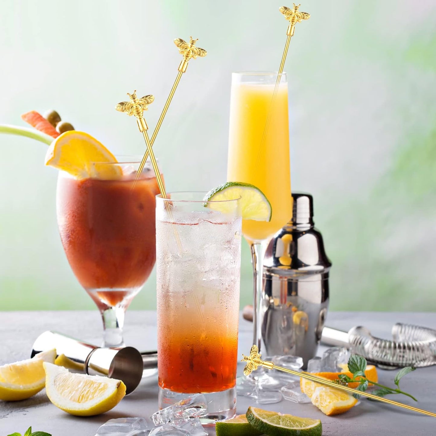 4Pcs Bumble Bee Cocktail Stirrers Swizzle Sticks Stainless Steel 7.5" Coffee Beverage Stir Sticks with Gold Decor Top for Mixing Cocktail, Hot Cocoa, Creamer