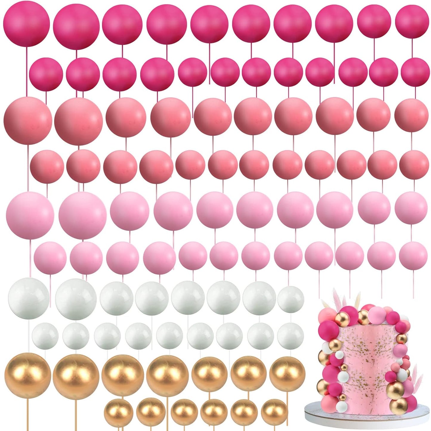 108 Pcs Balls Cake Topper DIY Cupcake Insert Foam Balloons for Cake Baking Wedding Anniversary Birthday Decoration(Pink Series, White, Gold,Multi Sizes)