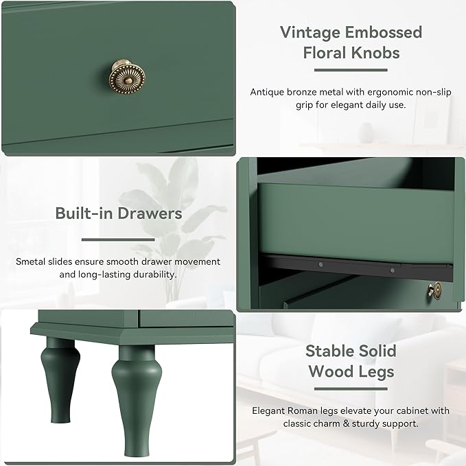 Green Dresser for Bedroom with 5 Drawers, Vintage Tall Dresser with Smooth - Image 4