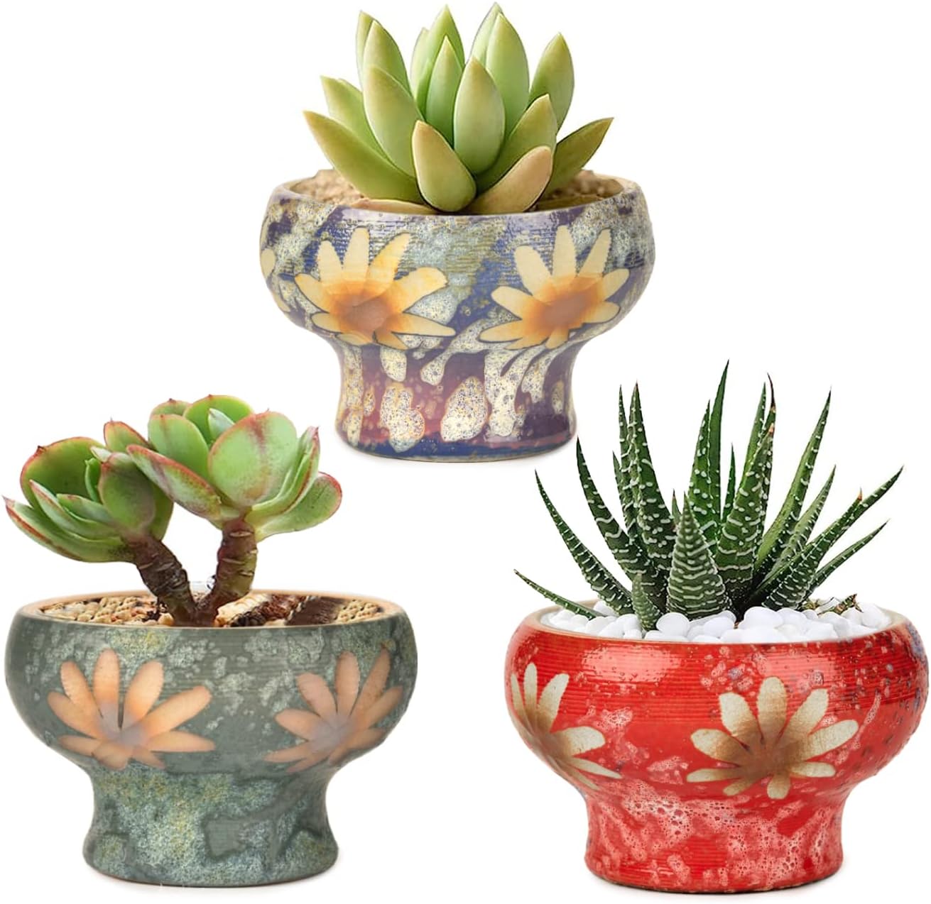 Sungmor Small Succulent Planters Set of 3, Beautiful Hand Crafted Ceramic Plant Pots Cute Cactus Pot, 4.9 Inch Flower Pots for Indoor Plants with Drainage, Desktop Windowsill Home Office Decor Pots