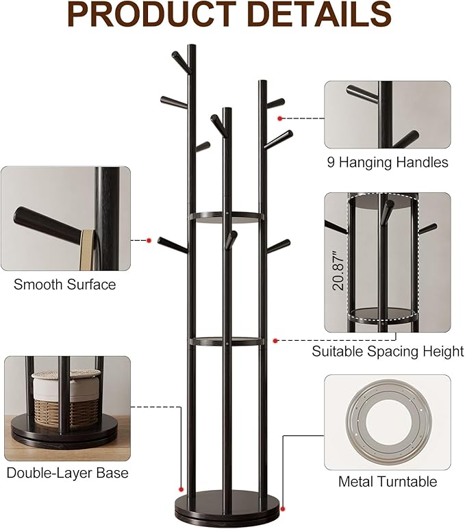 Muwuele Solid Wood Rotary Coat Rack, Freestanding Coat Rack - Image 5