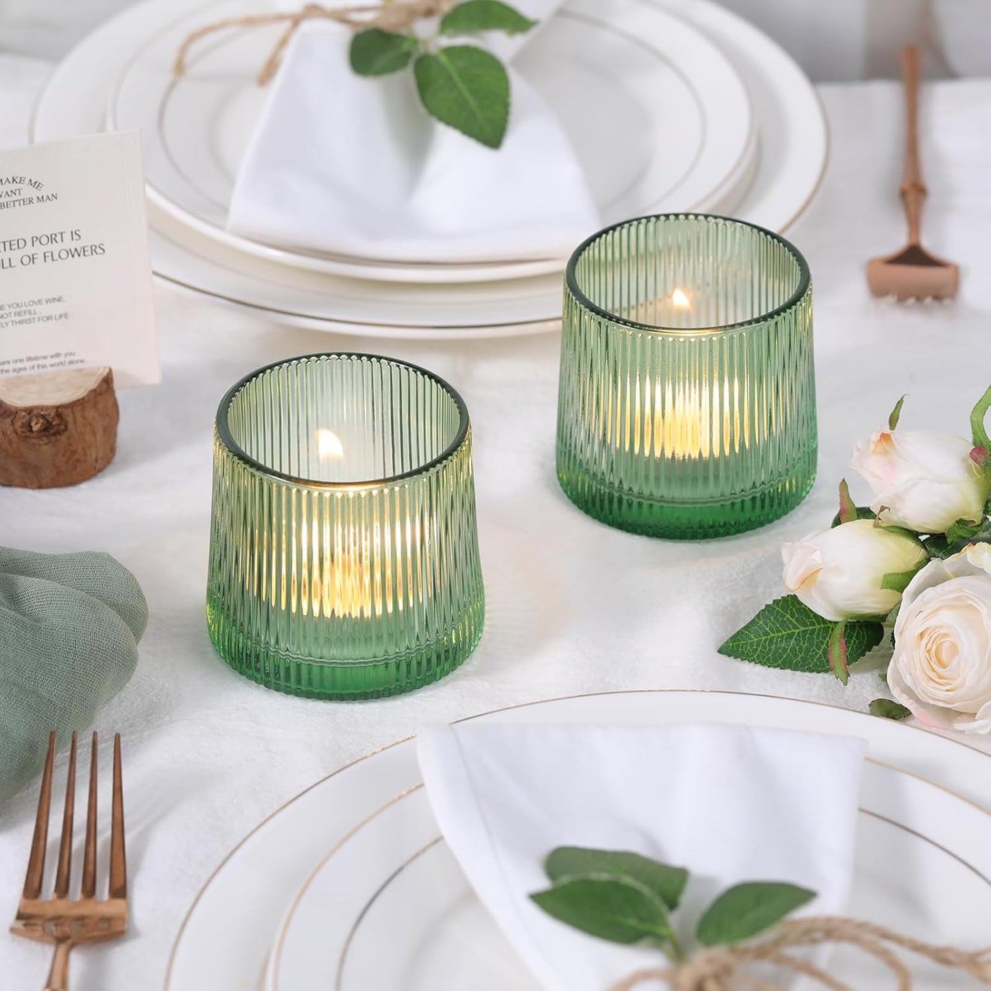 DARJEN Green Ribbed Tealight Votive Candle Holders- 6Pack Glass Candle Holders for Table Centerpiece, Wedding Decor, Home Decor, Party Dinner