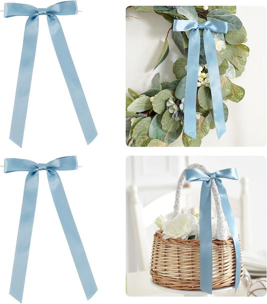 50 PCs Dusty Blue Bow Decor 5.5'' Satin Bows with Long Tail, Twist Tie Bows for Craft, Packaging Ribbon Bows, Premade Bows for Cake Decorating, Gift Bows for Treat, Wedding Favor, Party