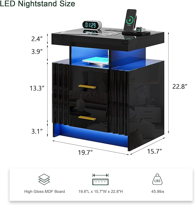 Nightstand with Wireless Charging Station, Smart Night Stand with 2 Drawers - Image 2