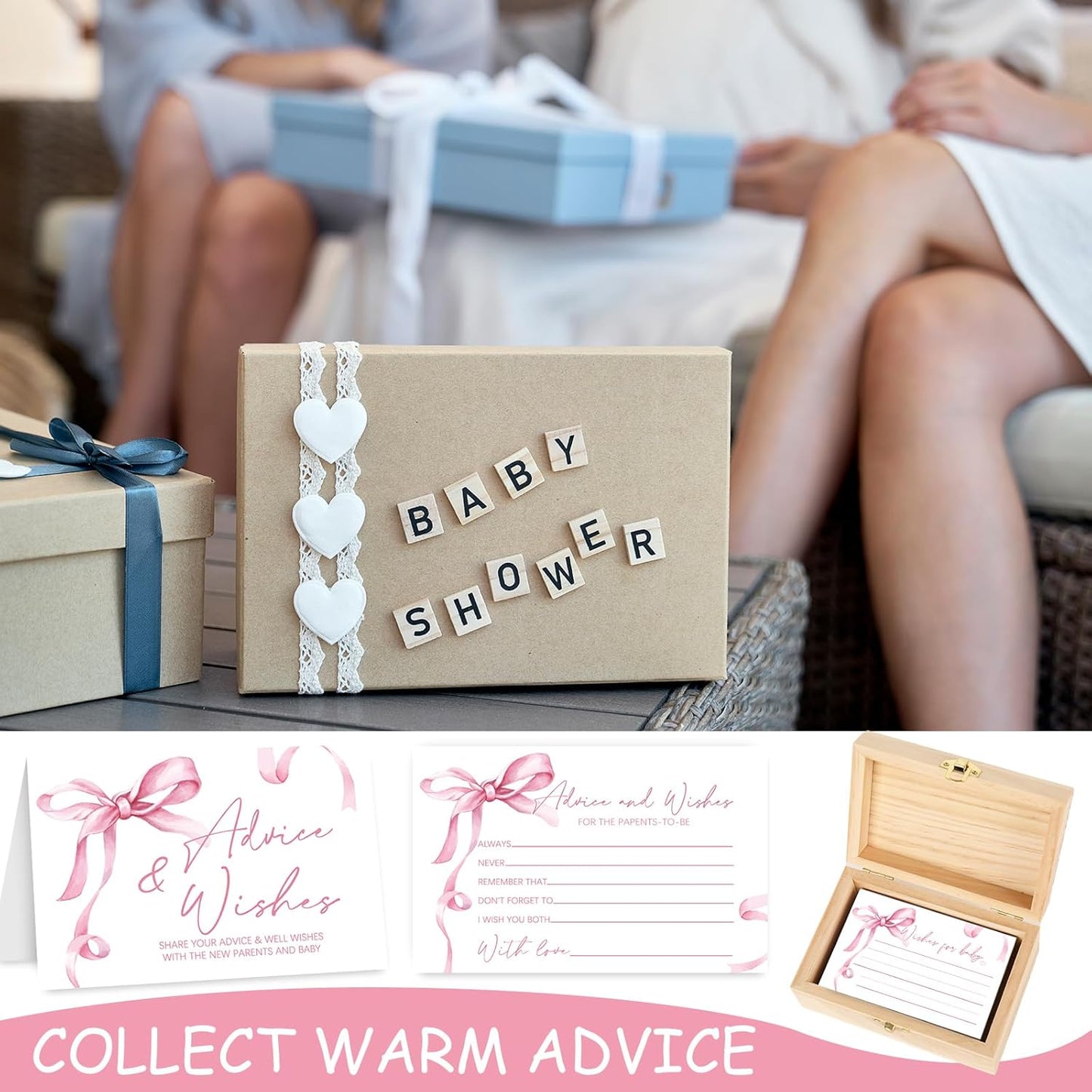 50Pcs Baby Shower Advice Cards Double-Sided Pink Bow Advice and Wish Cards with Wood Box for New Parents Baby Shower Gender Reveal Supplies