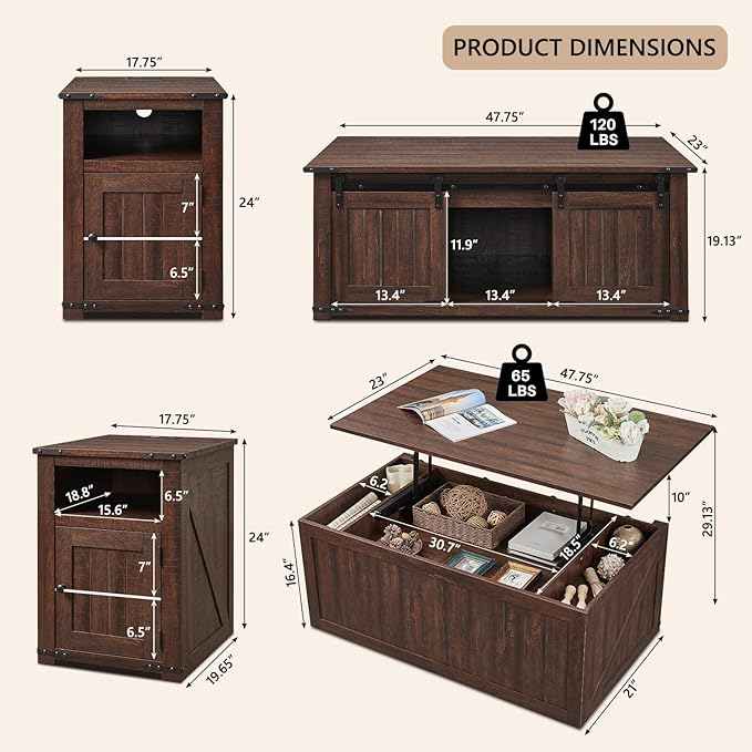 IFGET Farmhouse Furniture Set of 3, Includes 48" Lift Top Coffee Table - Image 2