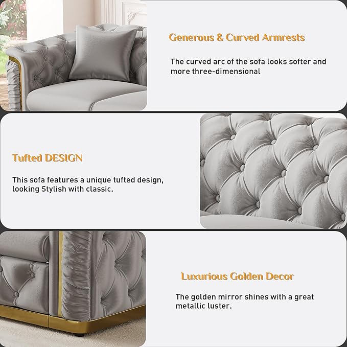 Luxury Chesterfield Sofa Set of 2, Velvet Tufted Couch Victorian Black and Gold - Image 5
