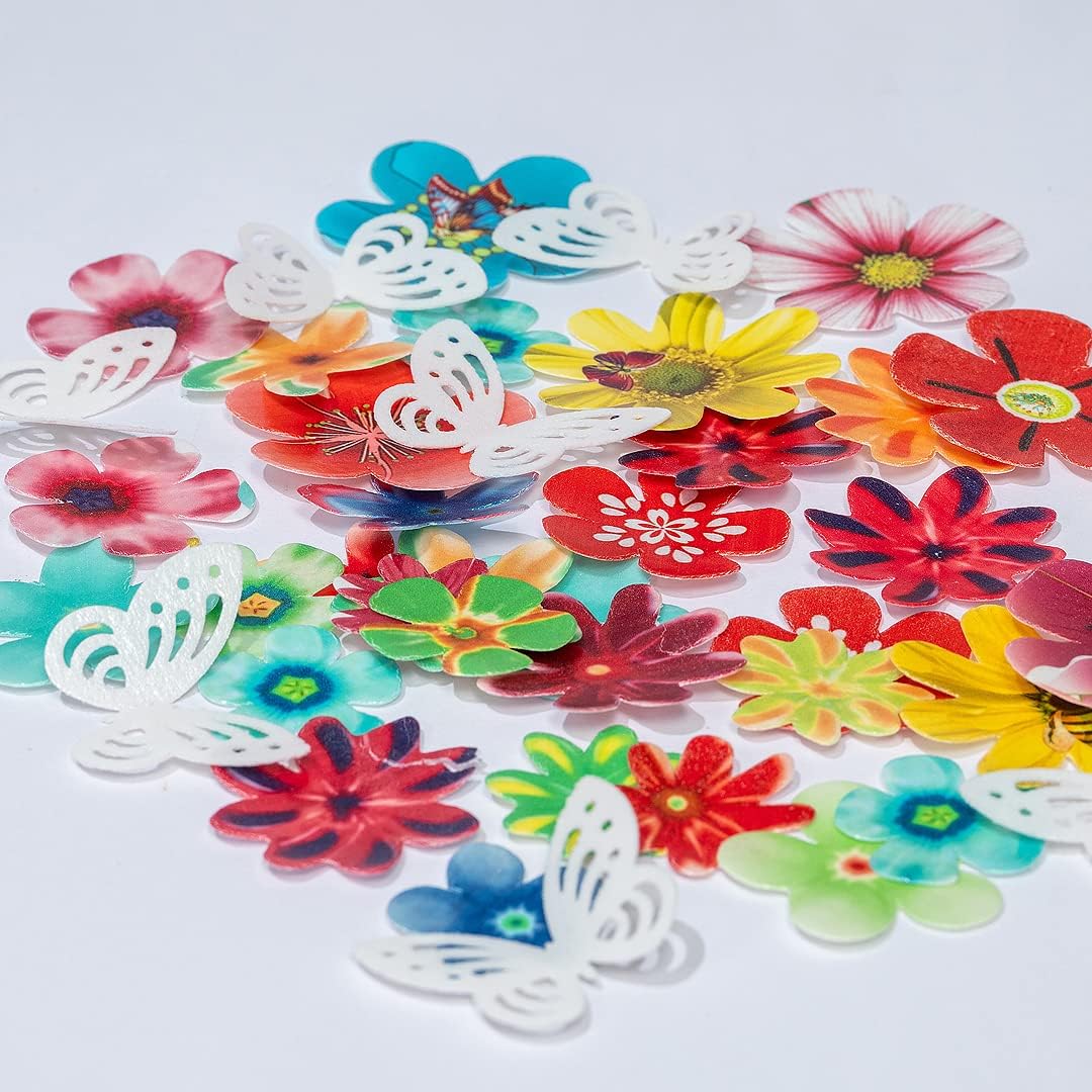 Edible Flowers Edible leaves &White Edible butterflies Wafer Paper Cake Cupcake Toppers for Decorating Rice Paper Flower Food Decorations for Baking Birthday Party (35flowers+20butterflies)