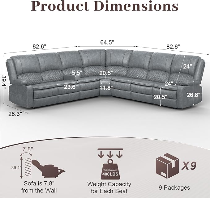 Yolsali Manual Reclining Sectional Sofa Set, 7 Seats Soft Leather Recliner - Image 2