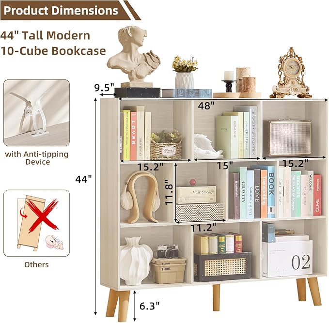 LEYAOYAO 10 Cube Bookshelf, 3 Tier Modern Wide Bookcase - Image 2