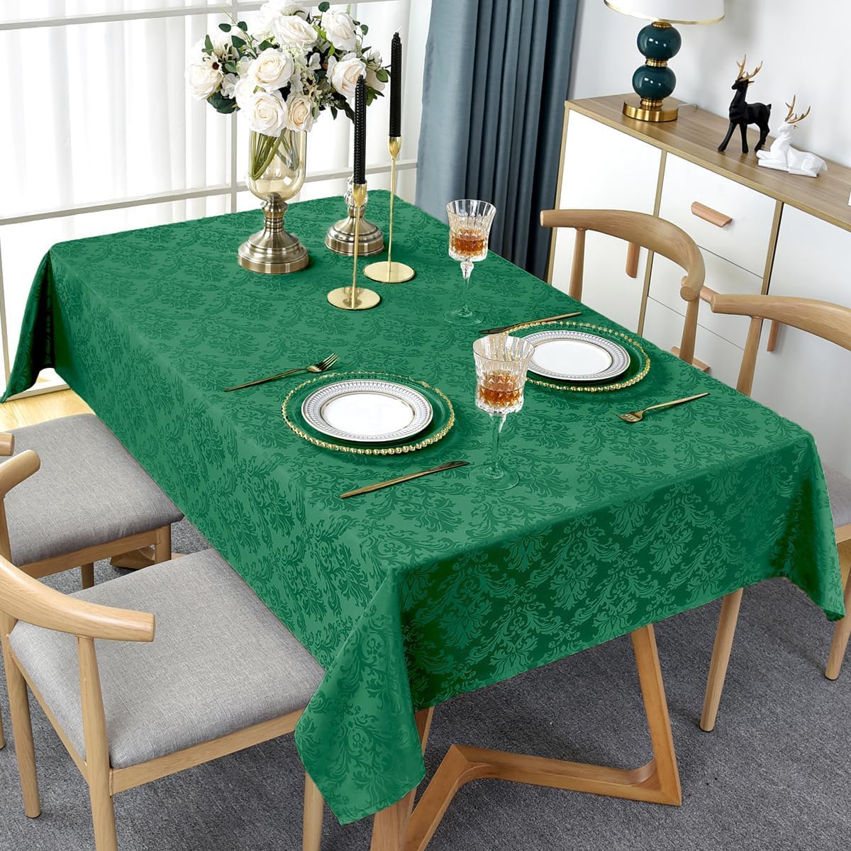 Jacquard Tablecloths for Rectangle Tables 60 x 84 Inch, Spill Proof Stain Resistant Damask Table Cloth, Soft Fabric Table Cover for Dining, Party, Indoor, Outdoor, Spring, Easter, Green