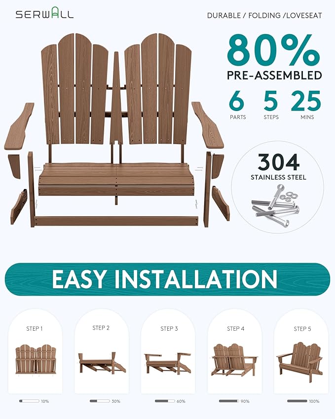 SERWALL Folding Adirondack Bench, HDPE All-Weather Adirondack Loveseat - Image 4